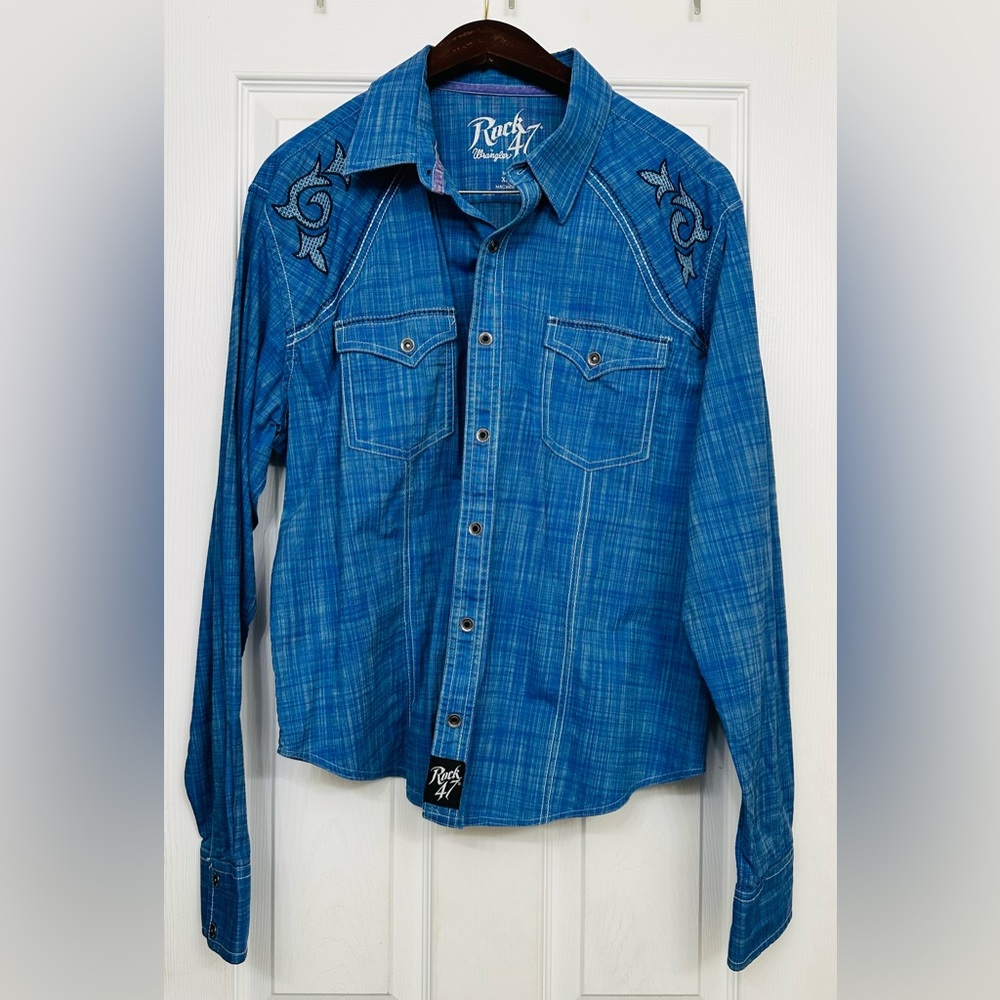 Rock 47 Women's Blue Embroidered Button Down Shirt